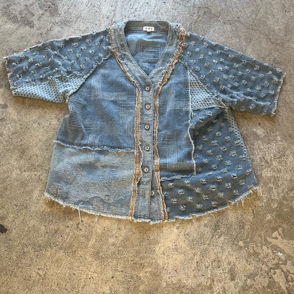 POL Light Blue Patchwork Denim Shirt Jacket Size oversside